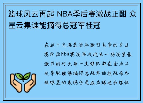 篮球风云再起 NBA季后赛激战正酣 众星云集谁能摘得总冠军桂冠
