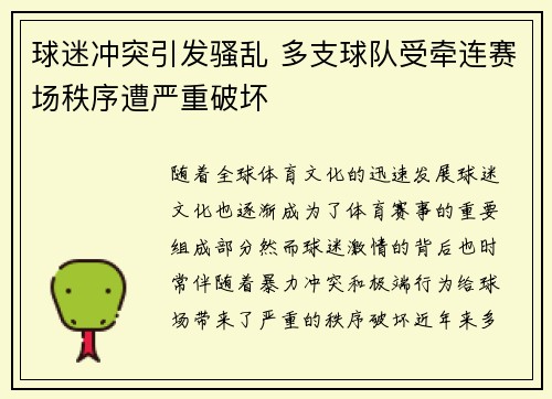 球迷冲突引发骚乱 多支球队受牵连赛场秩序遭严重破坏