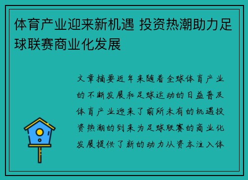体育产业迎来新机遇 投资热潮助力足球联赛商业化发展