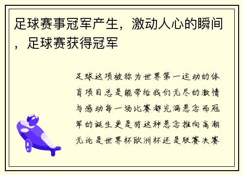 足球赛事冠军产生，激动人心的瞬间，足球赛获得冠军