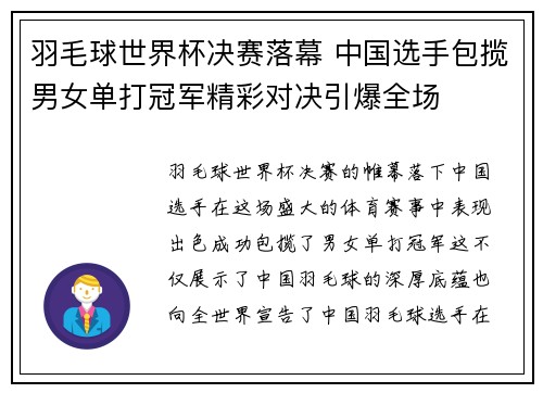 羽毛球世界杯决赛落幕 中国选手包揽男女单打冠军精彩对决引爆全场